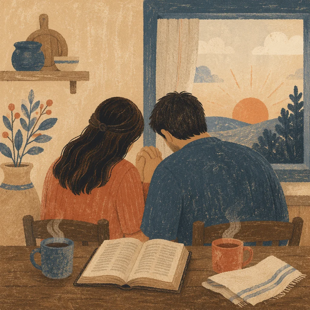 Couple Praying at Dawn Kitchen Table