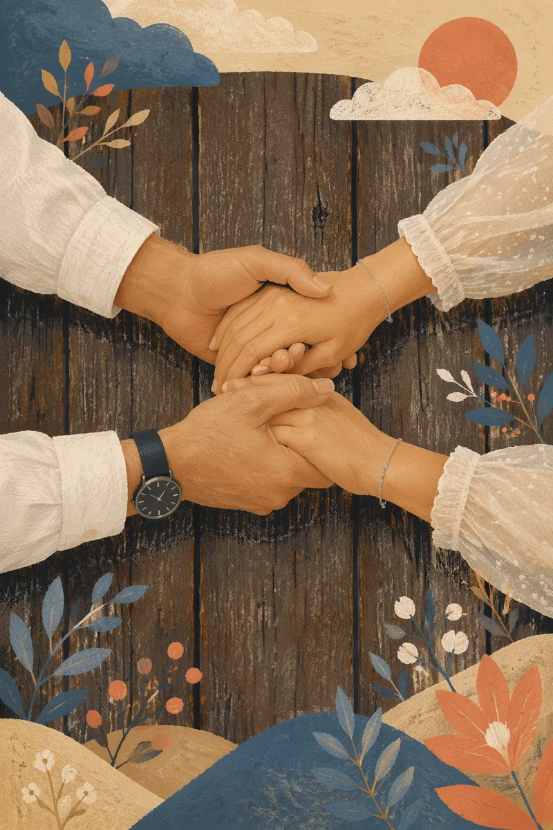 Couple Praying Hand in Hand on Wood