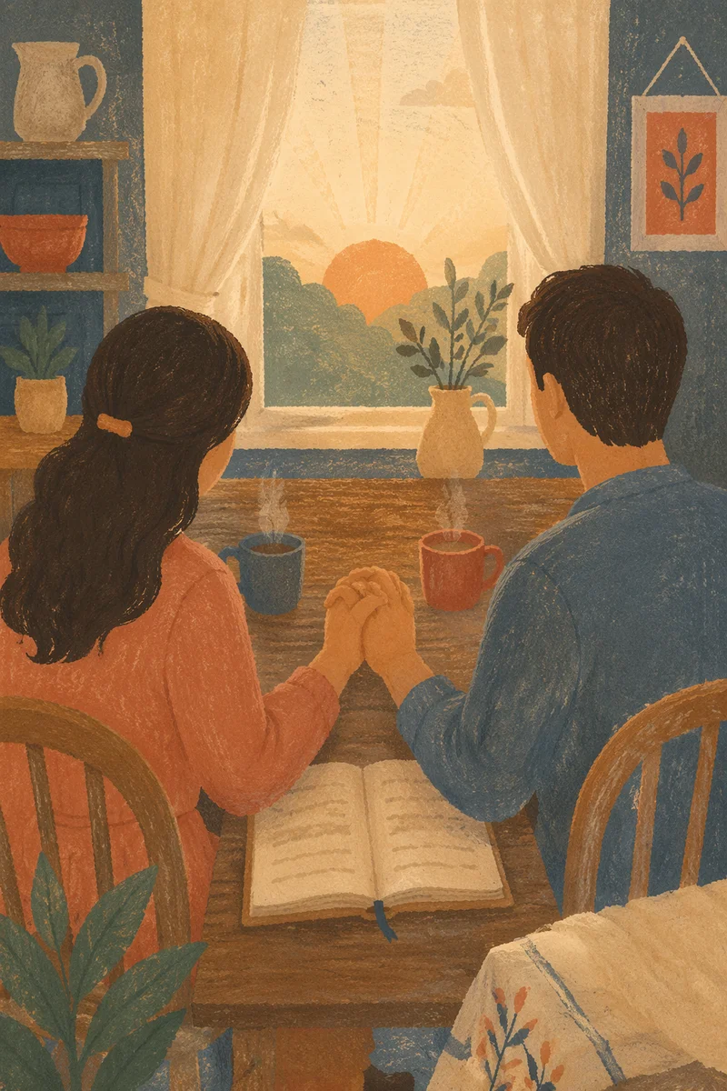 Couple Praying Hand in Hand at Dawn