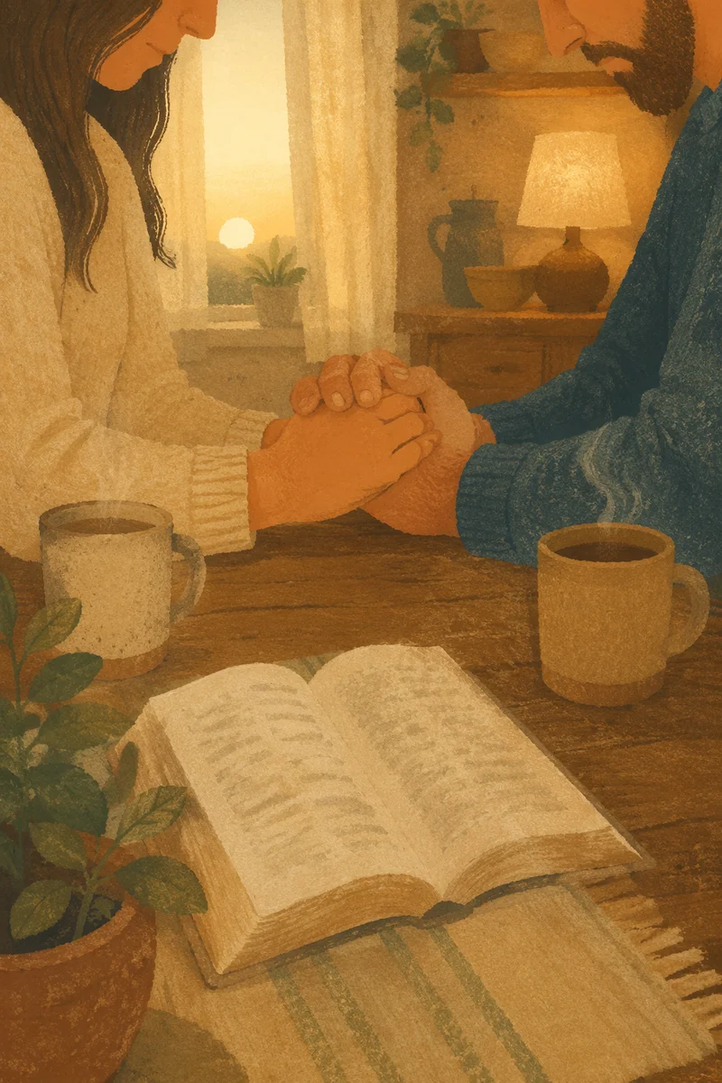 Couple Praying Hand in Hand at Dawn