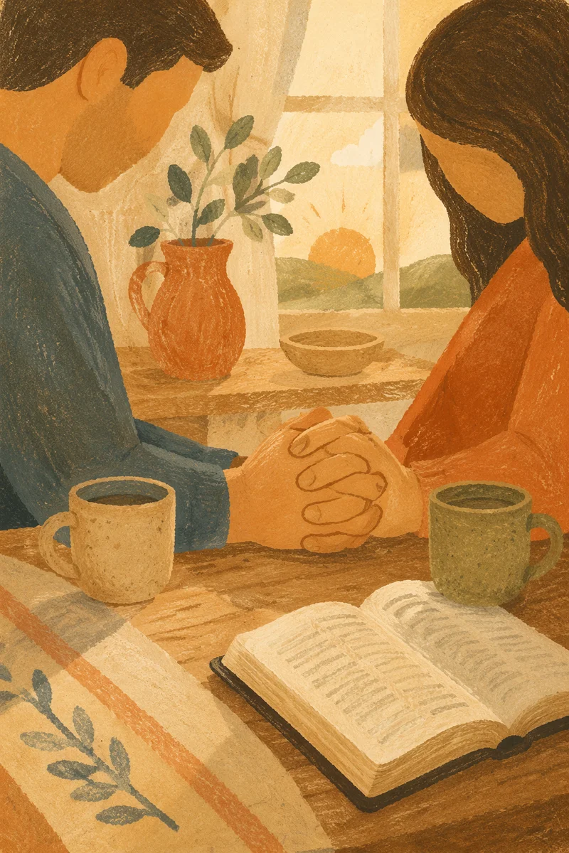 Couple Praying Hand in Hand at Breakfast