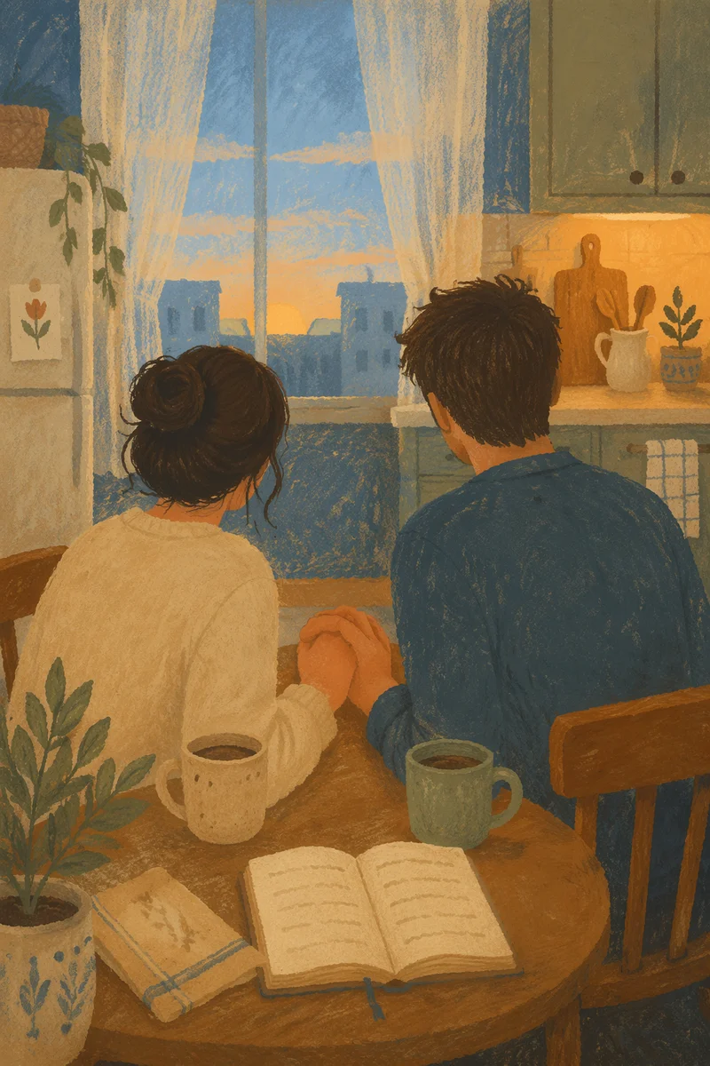 Couple Praying at Dawn Kitchen Table