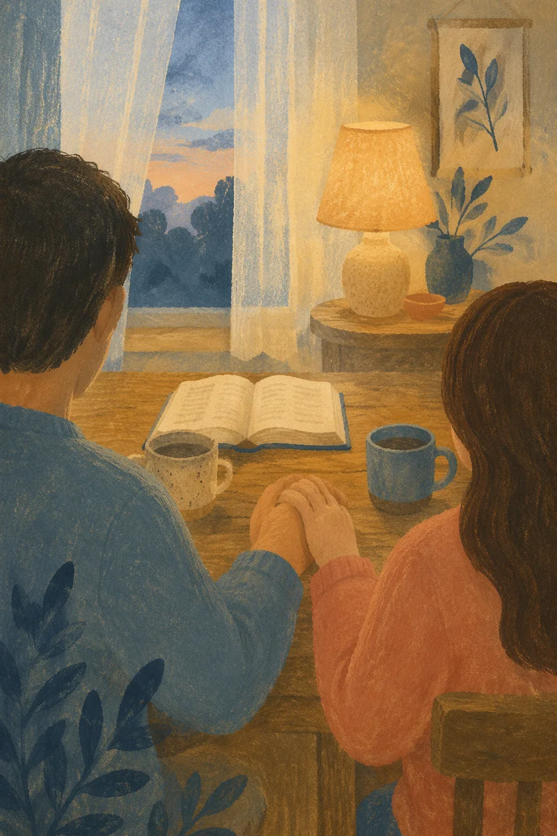 Couple Praying at Blue Hour Kitchen Table