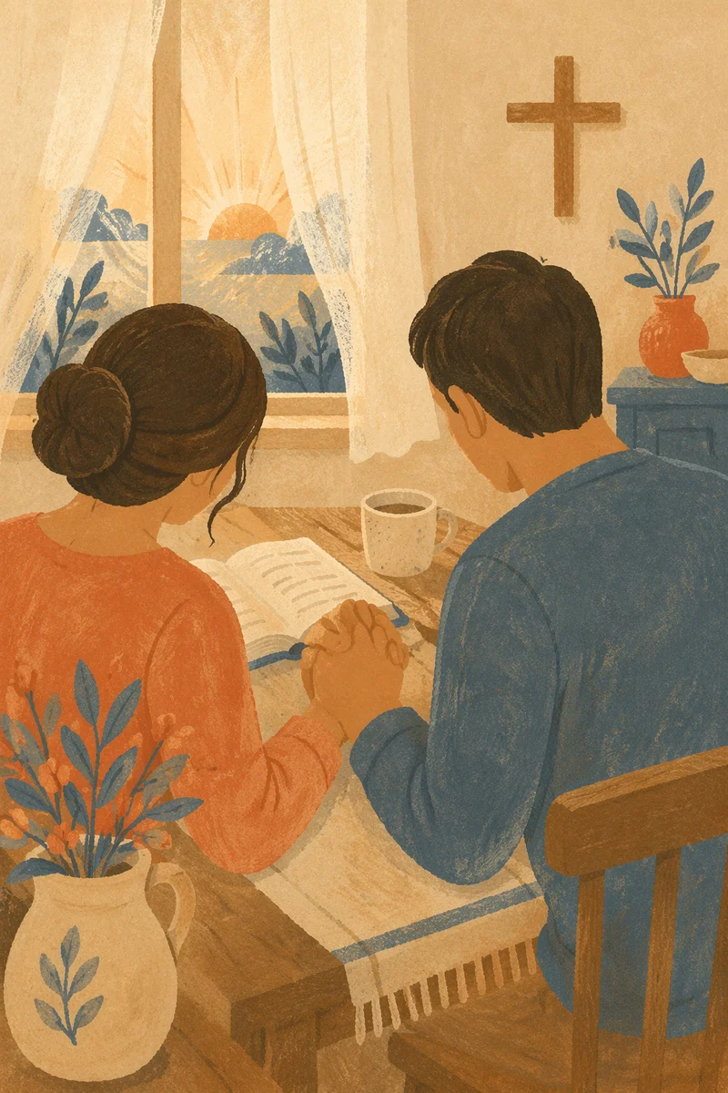 Couple Praying Together at Sunrise Table