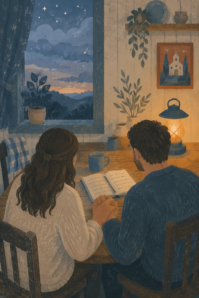 Couple Praying at Quiet Kitchen Table