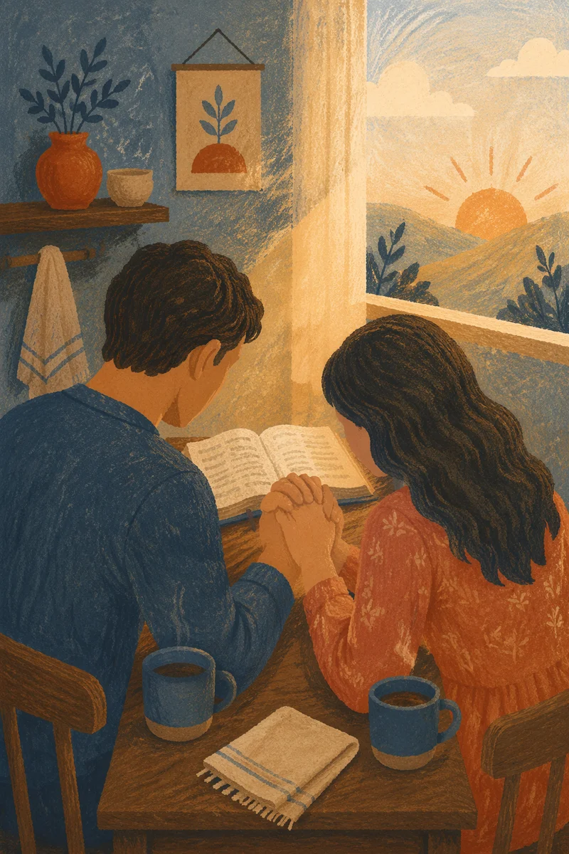 Couple Praying at Dawn Kitchen Table