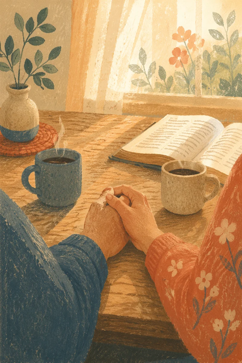 Couple Praying Hands at Morning Kitchen Table