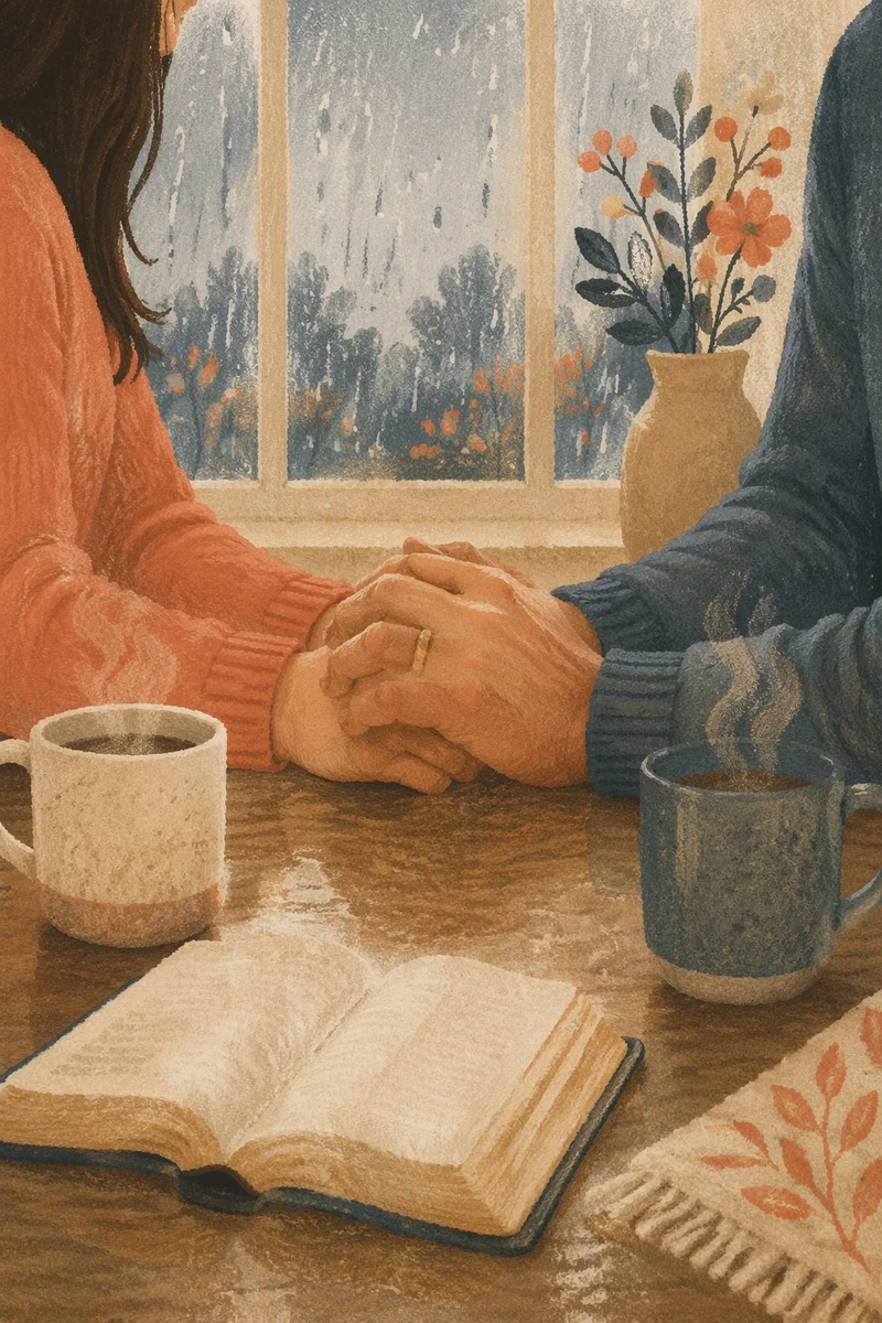 Couple Praying at Rainy Kitchen Table