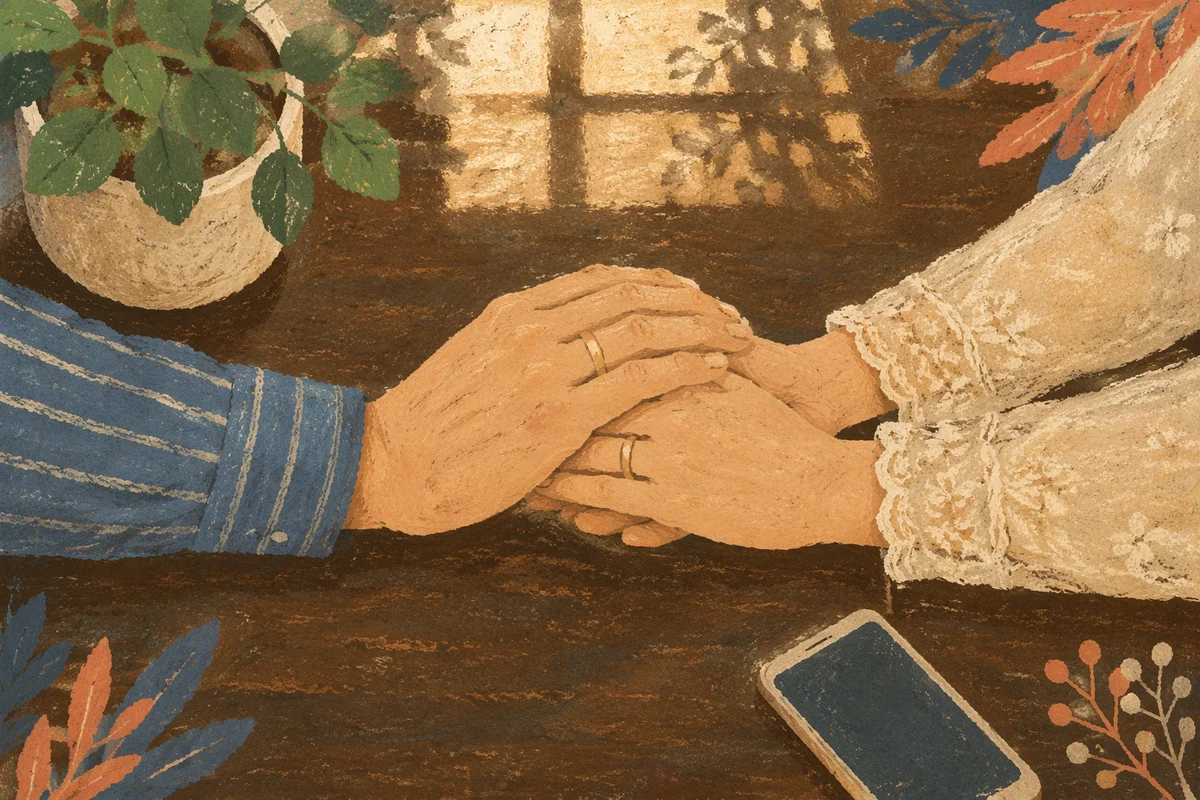 Couple Praying Together at Wooden Table