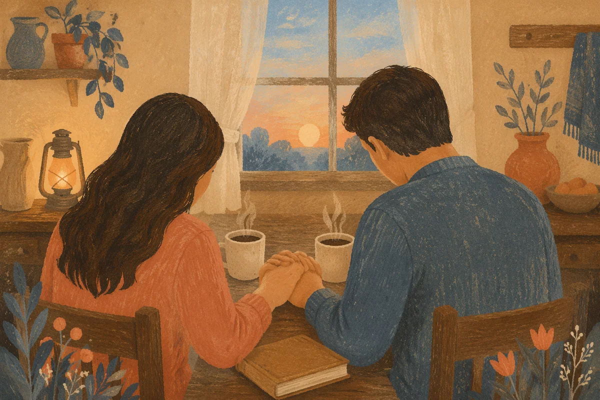 Couple Praying at Dawn Kitchen Table