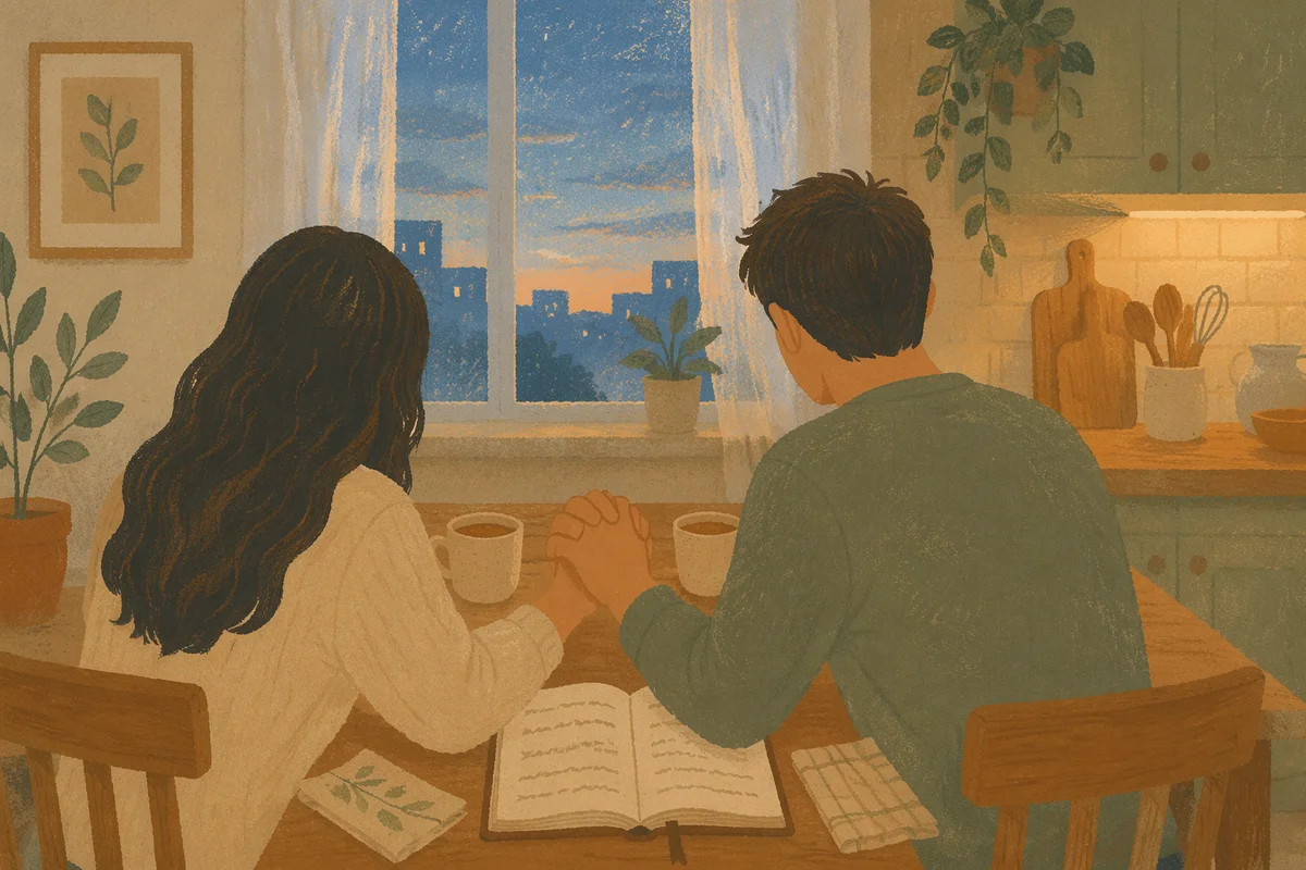 Couple Praying Together at Dawn Kitchen Table