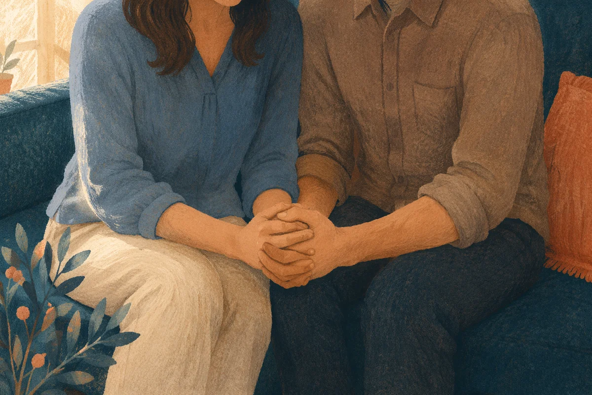 Couple Praying Hand in Hand on Teal Sofa