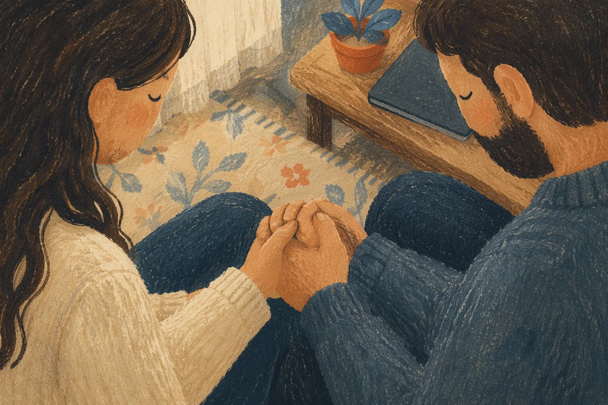 Couple Praying Hand in Hand at Home
