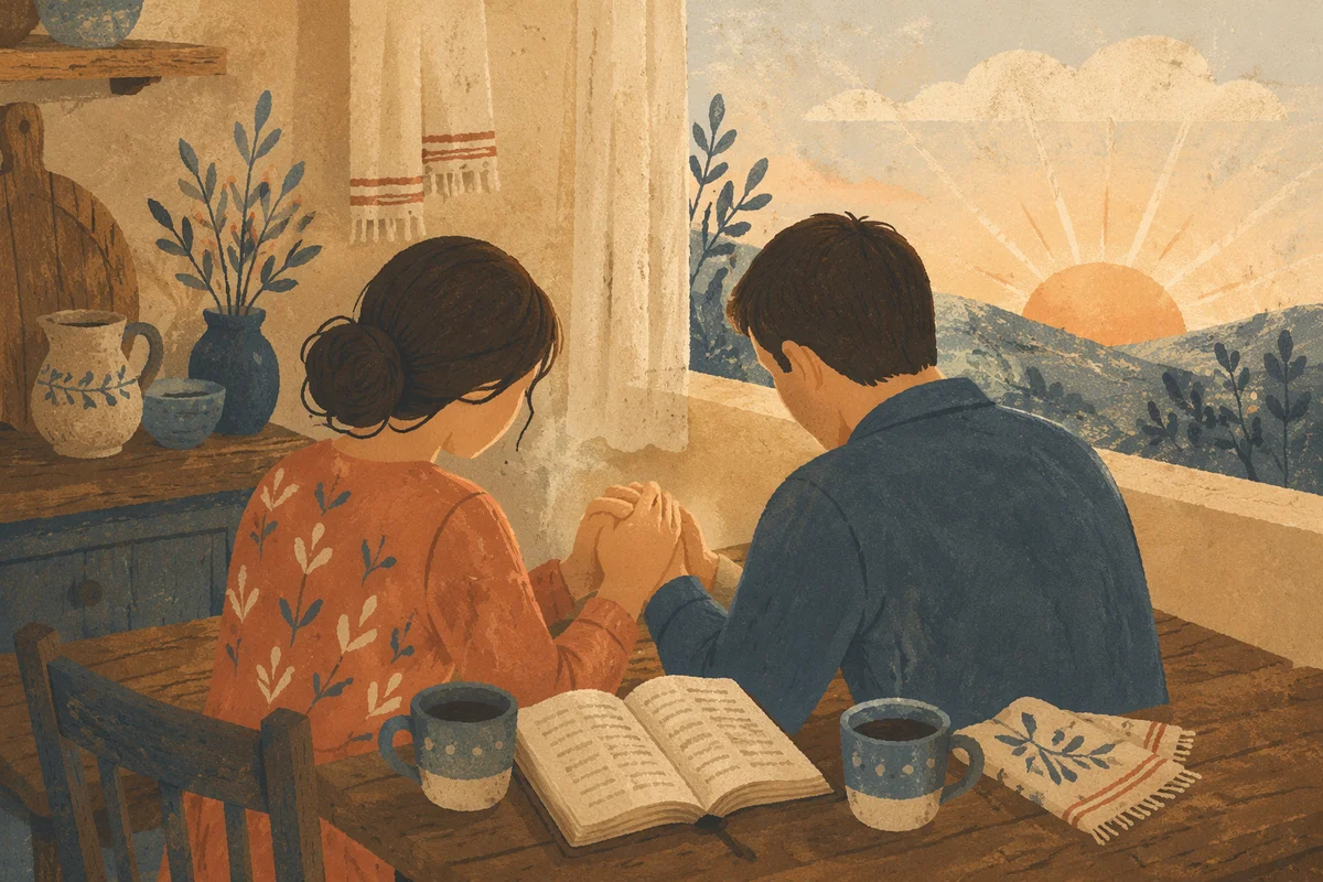 Couple Praying Together at Dawn Kitchen Table