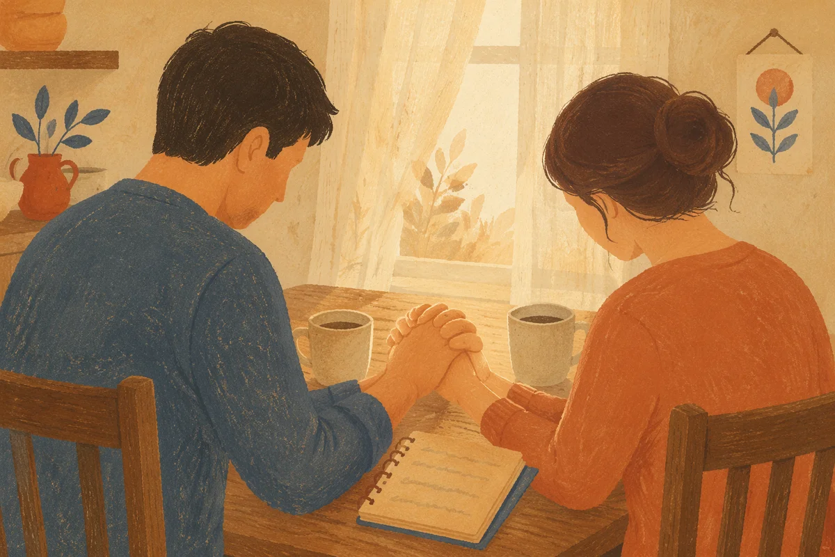Couple Praying Together at Kitchen Table