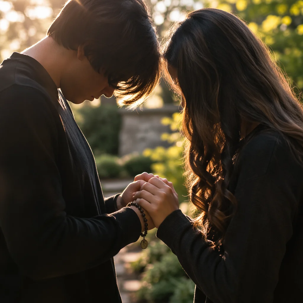 Couple Praying Hand in Hand in Sunlit Garden