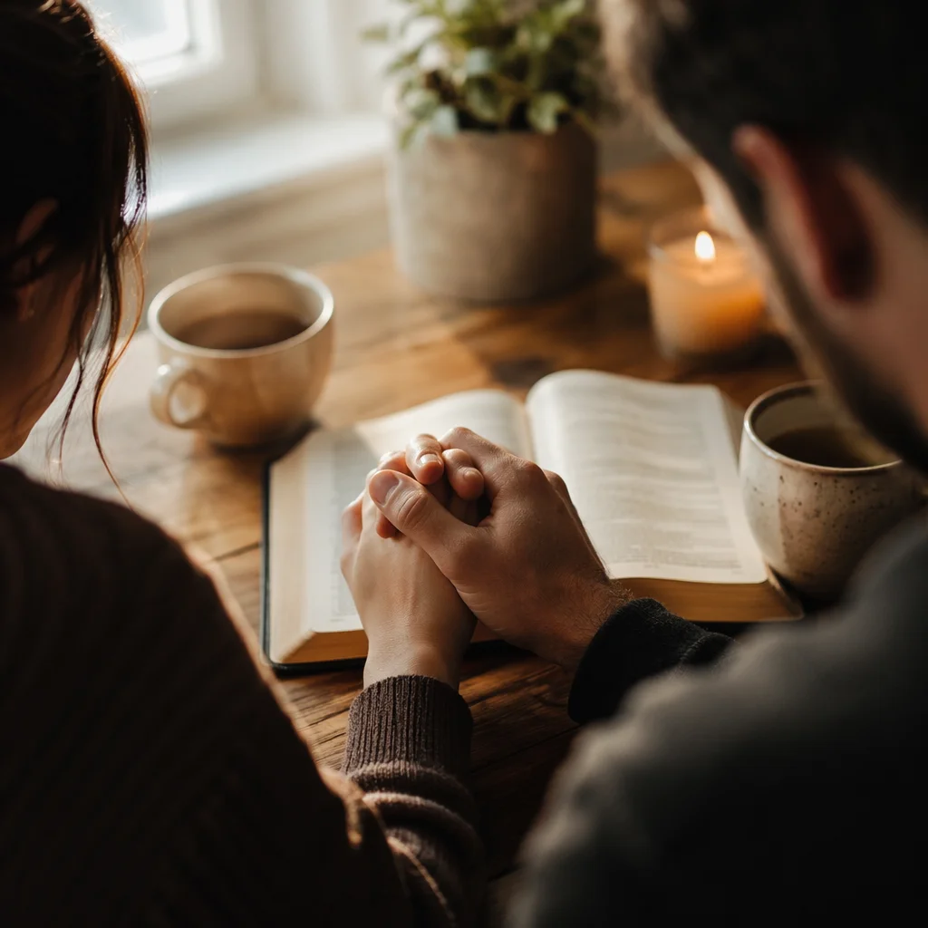 Couple Praying Together at Kitchen Table