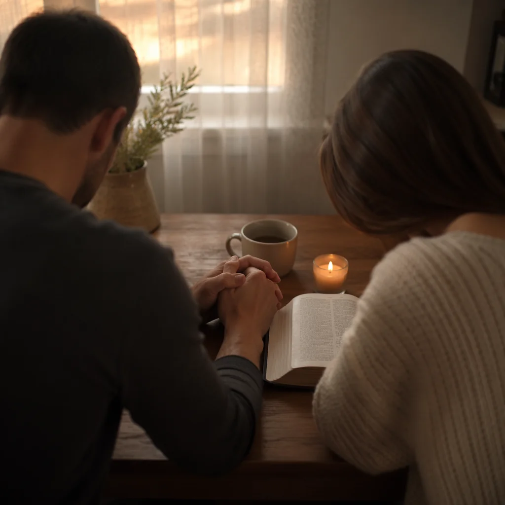 Couple Praying at Sunrise Kitchen Table