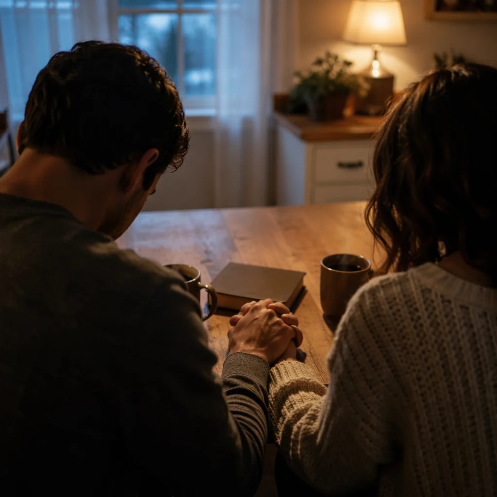Couple Praying at Dawn Kitchen Table