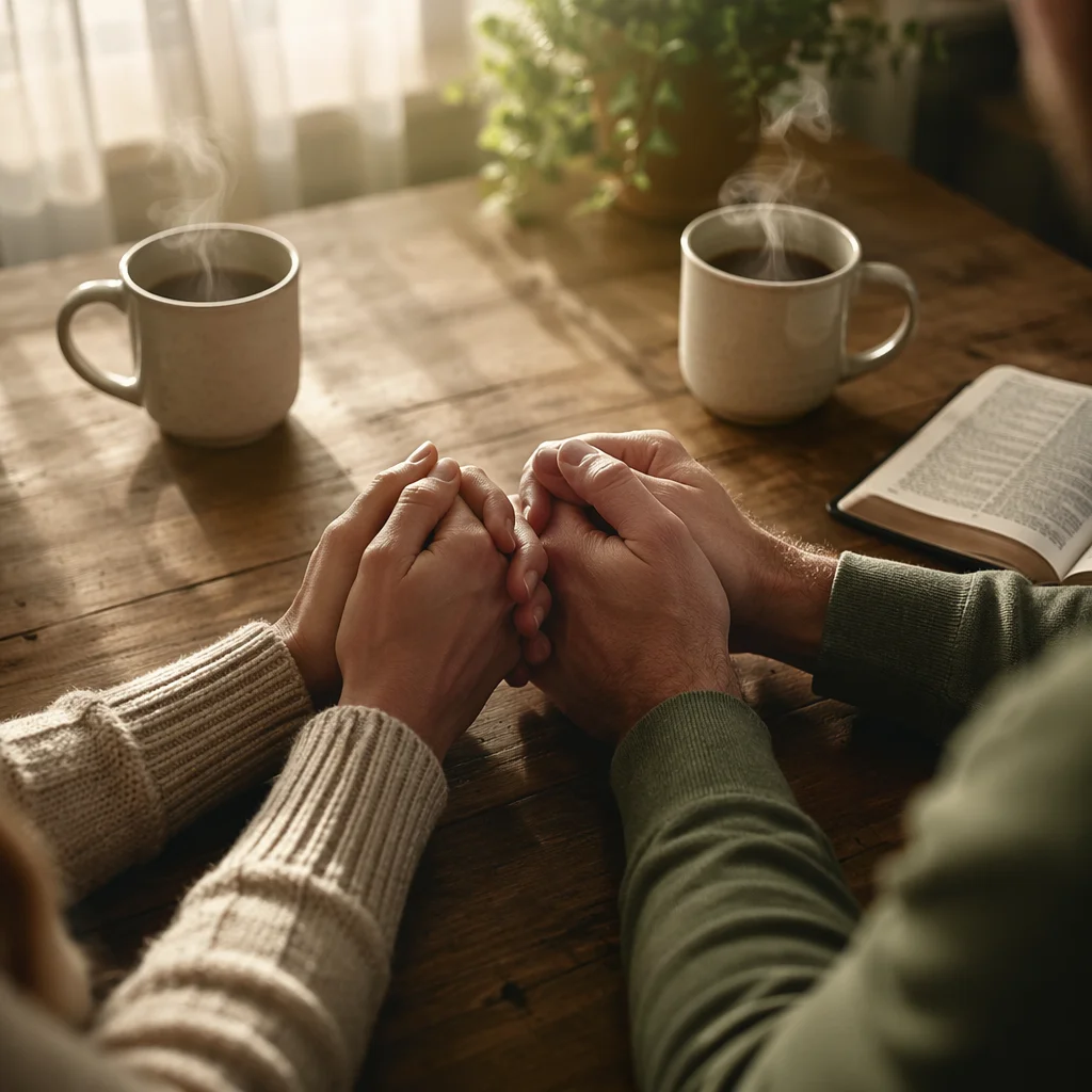 Couple Praying Hand in Hand at Table