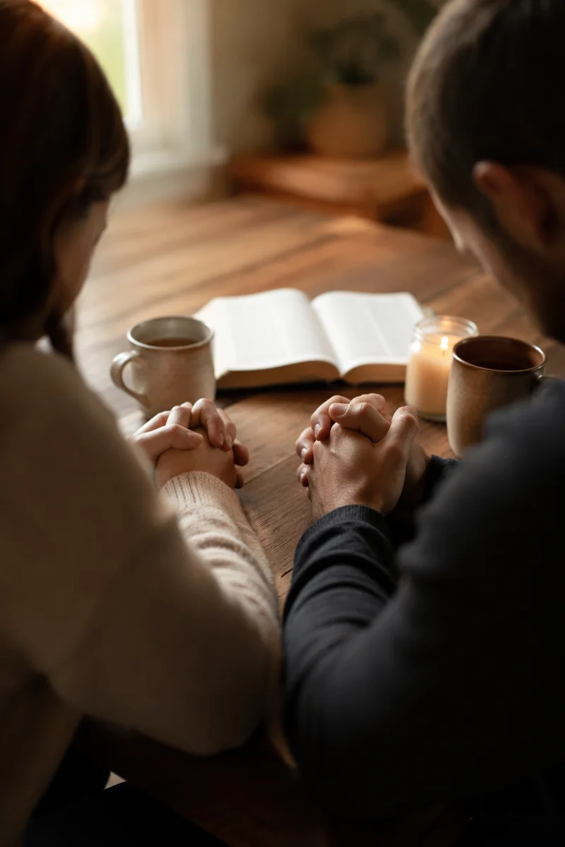 Couple Praying Over Bible at Kitchen Table