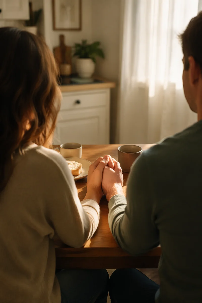 Couple Praying Together at Breakfast Table