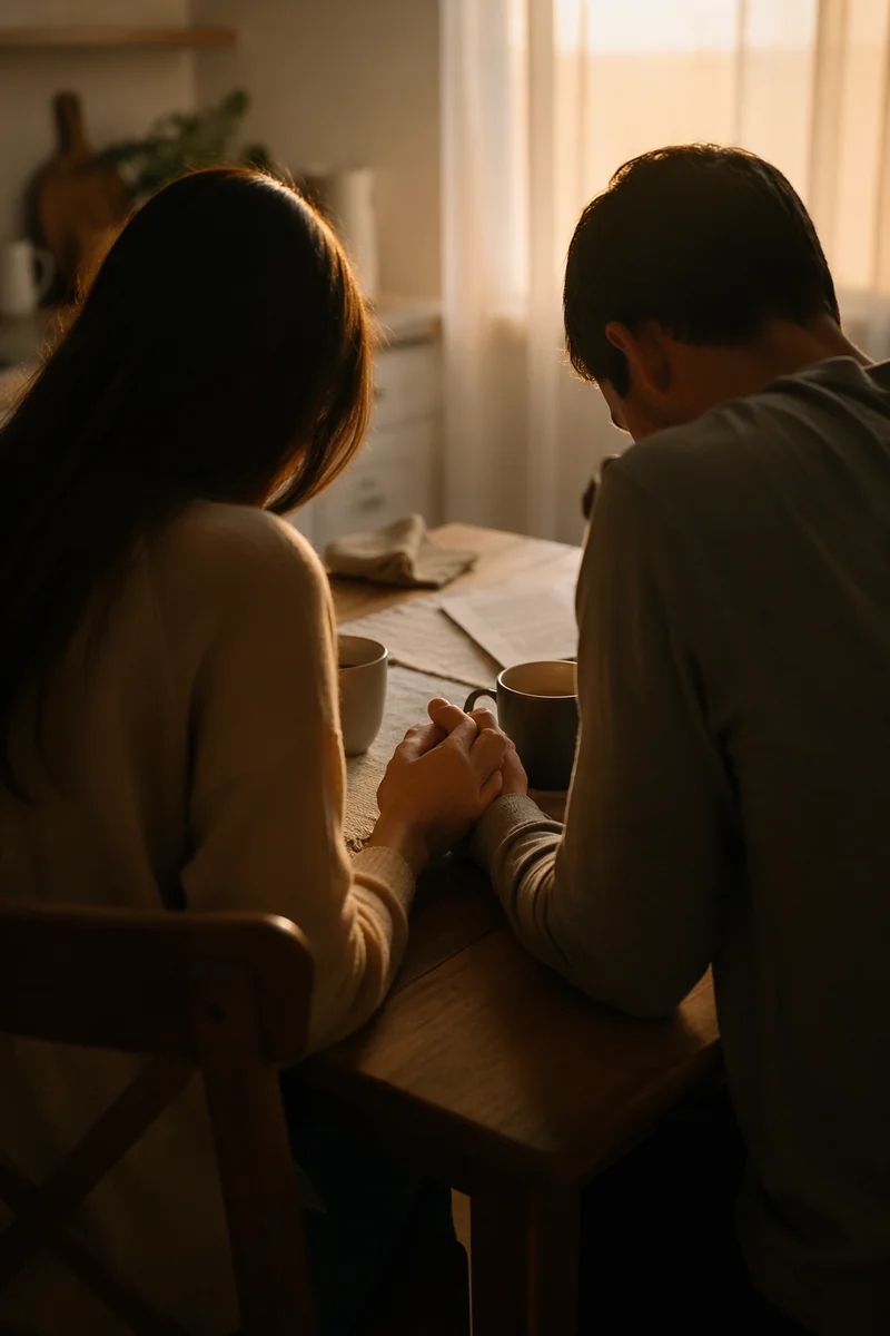 Couple Praying Together at Sunrise Table