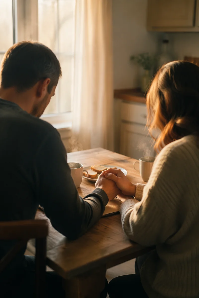 Couple Praying Together at Sunrise Table