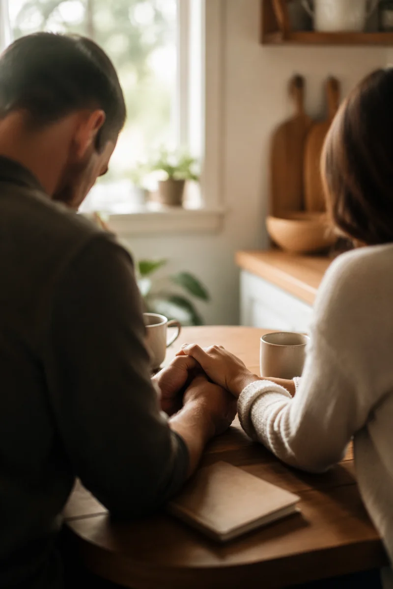 Couple Praying Hand in Hand at Breakfast