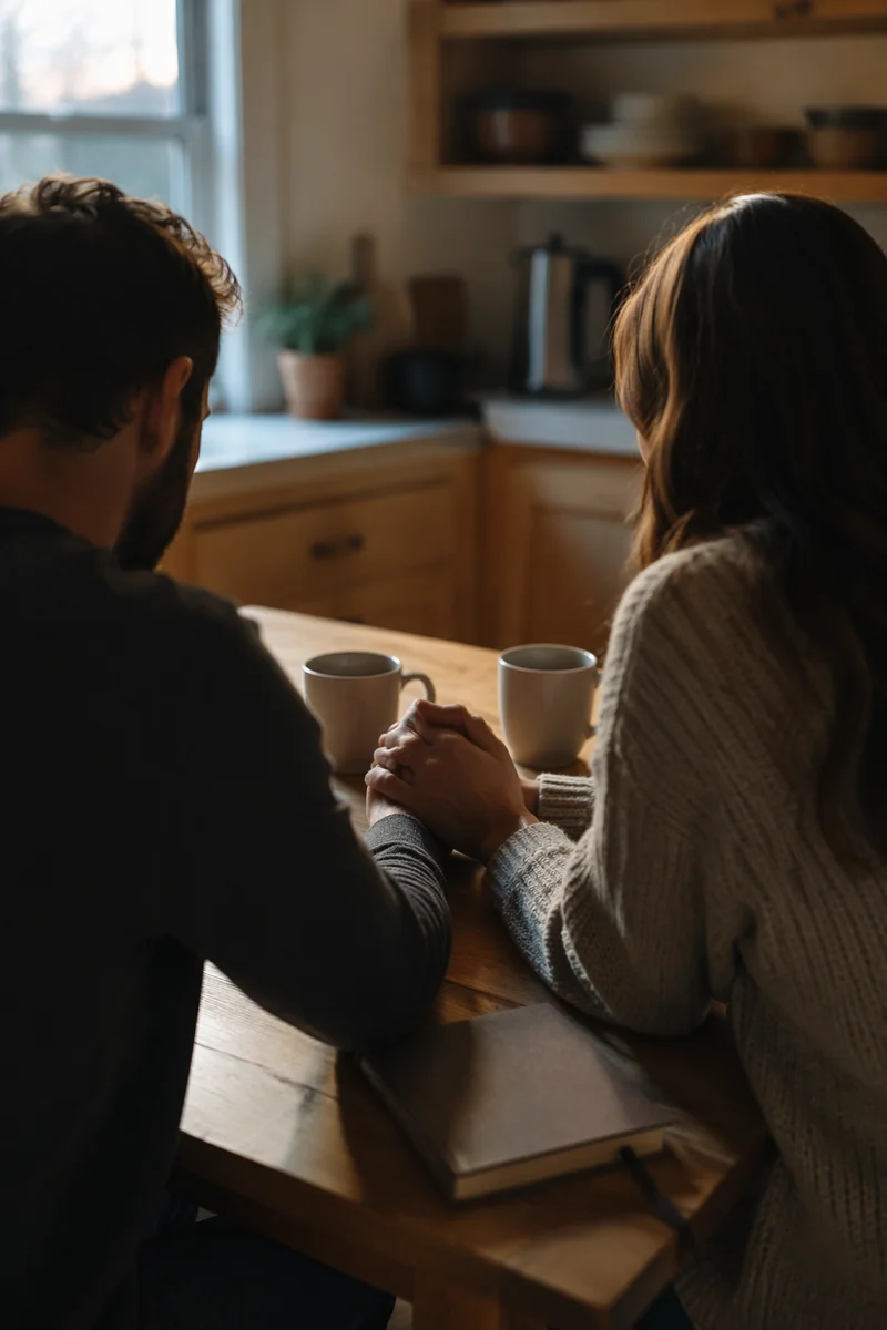 Couple Praying at Dawn Kitchen Table