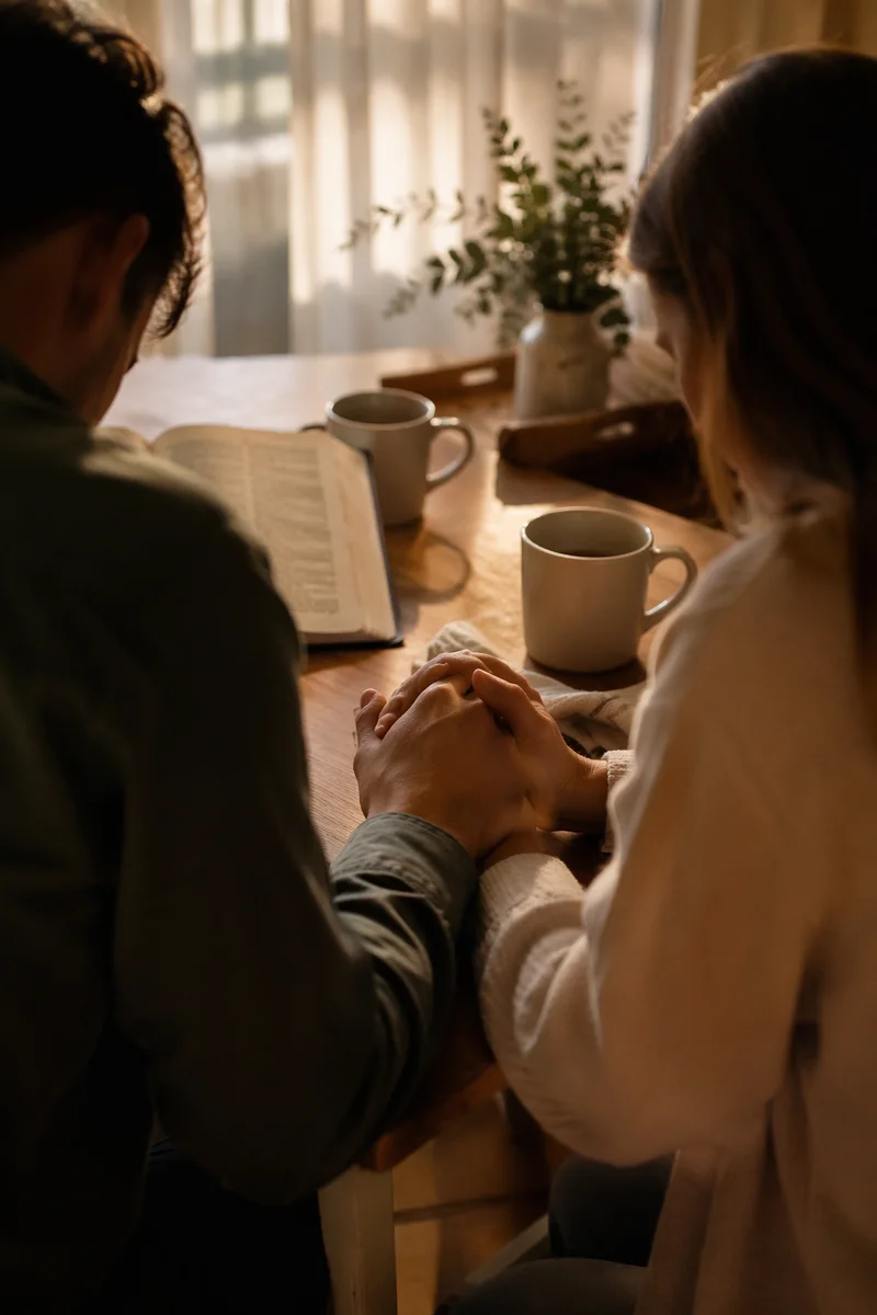 Couple Praying Hand in Hand at Sunrise