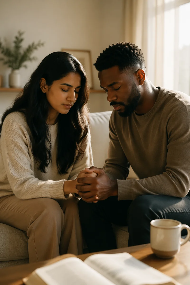 Interracial Couple Praying Together at Home
