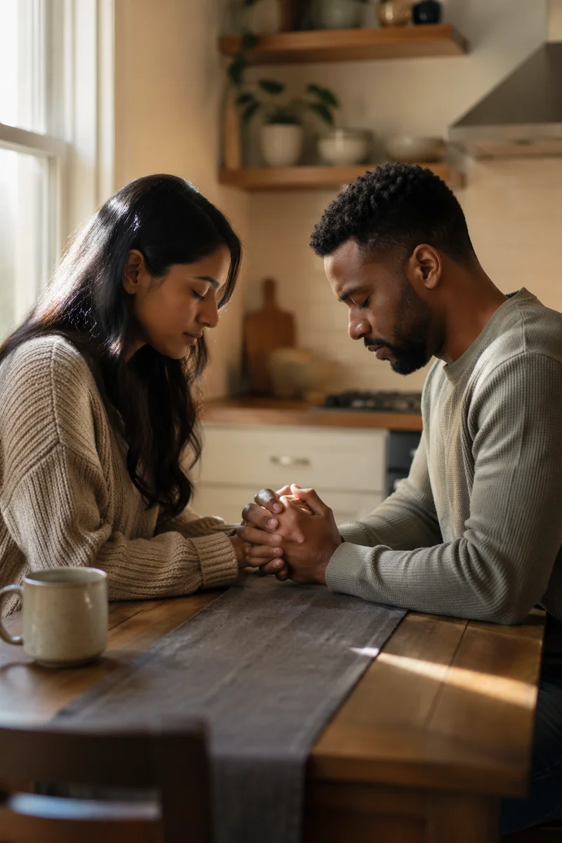 Interracial Couple Praying Together at Dawn