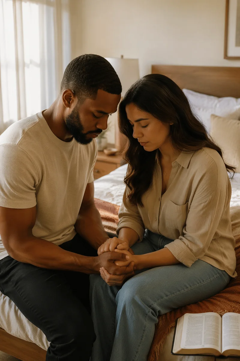 Interracial Couple Praying Together in Sunlit Bedroom