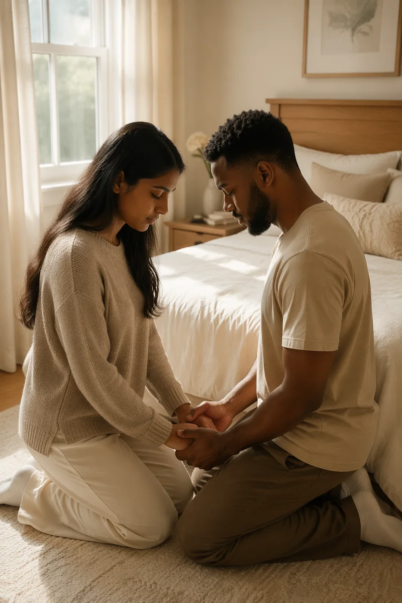 Interracial Couple Praying Together in Sunlit Bedroom