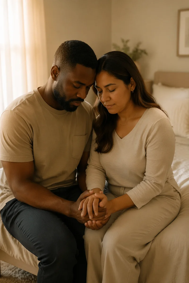 Interracial Couple Praying on Bedside Morning