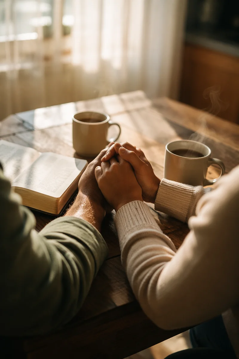 Couple Praying Hand in Hand at Morning Table