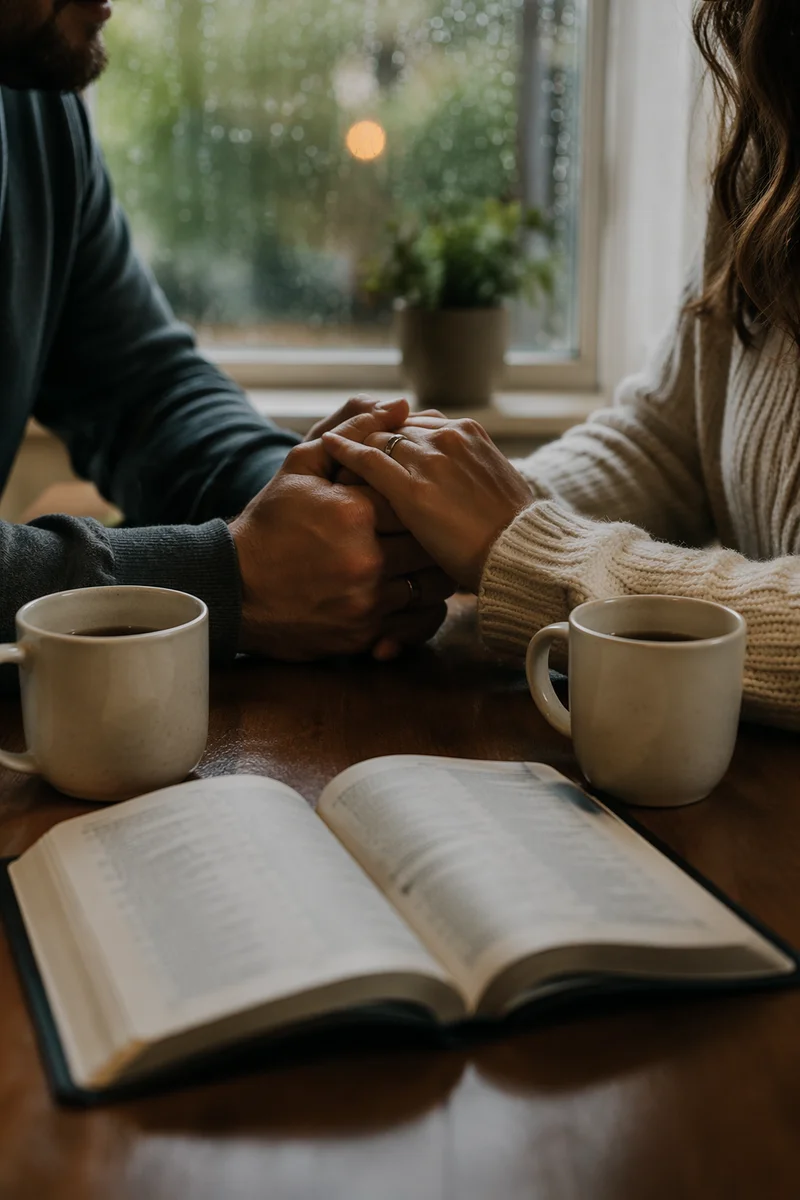 Couple Praying at Rainy Kitchen Table