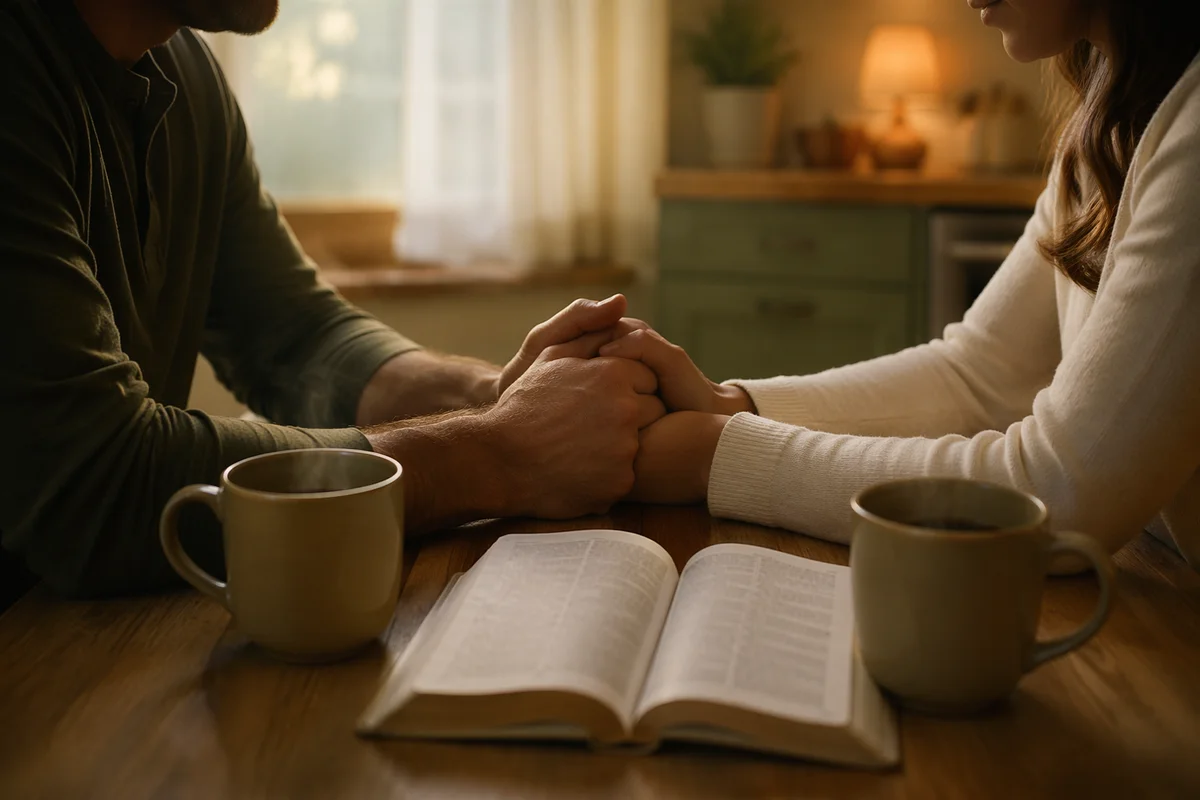 Couple Praying Together at Kitchen Table
