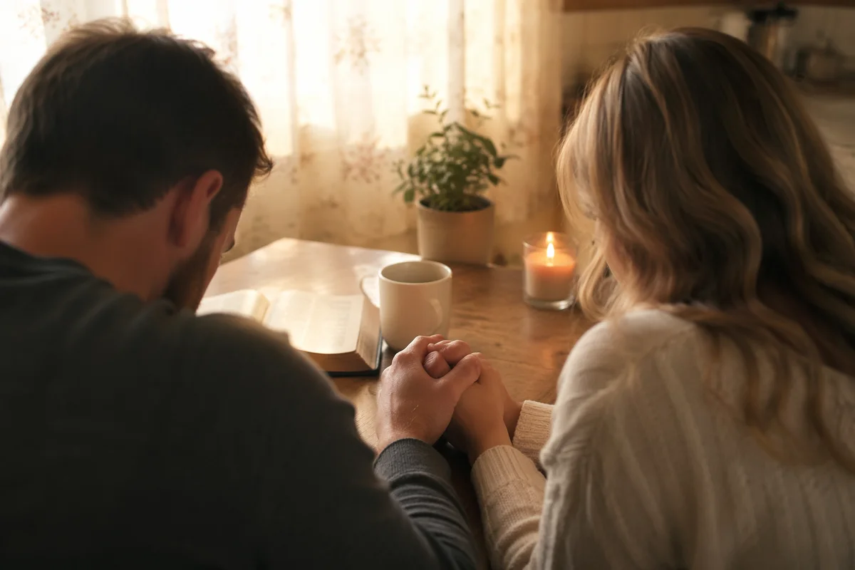 Couple Praying Together at Morning Kitchen Table