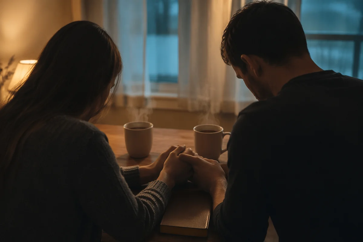 Couple Praying at Dawn Kitchen Table