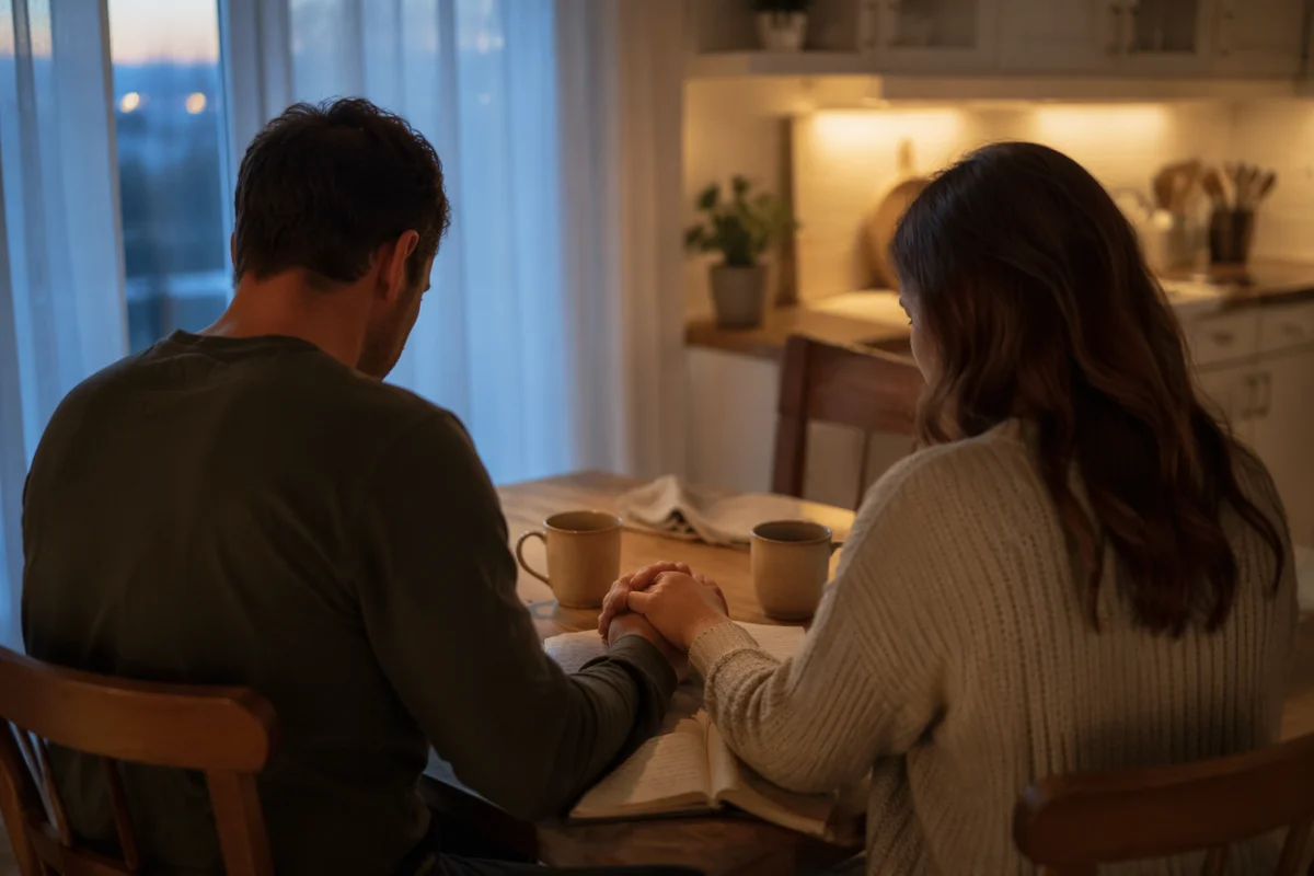Couple Praying at Dawn Kitchen Table