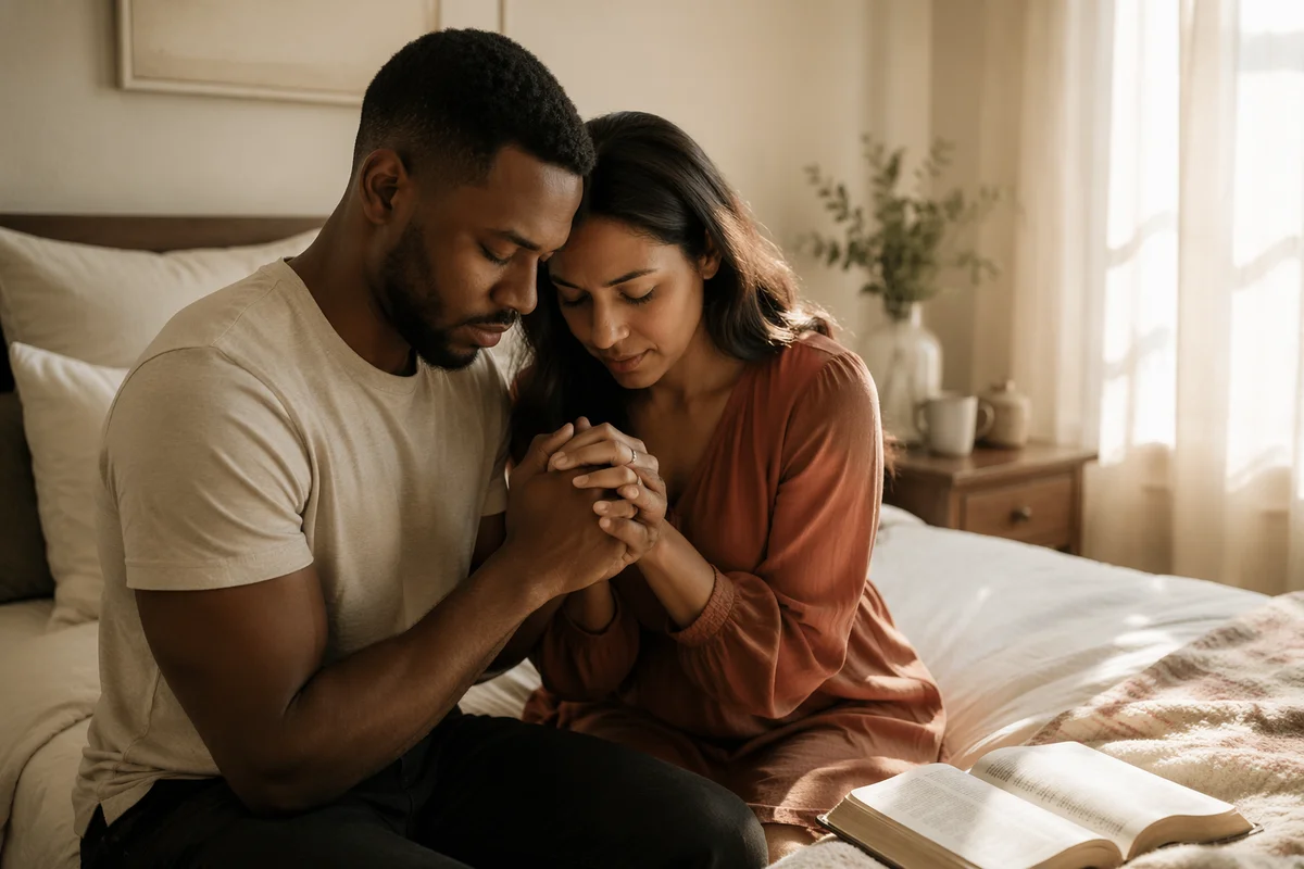 Young Couple Praying in Sunlit Bedroom