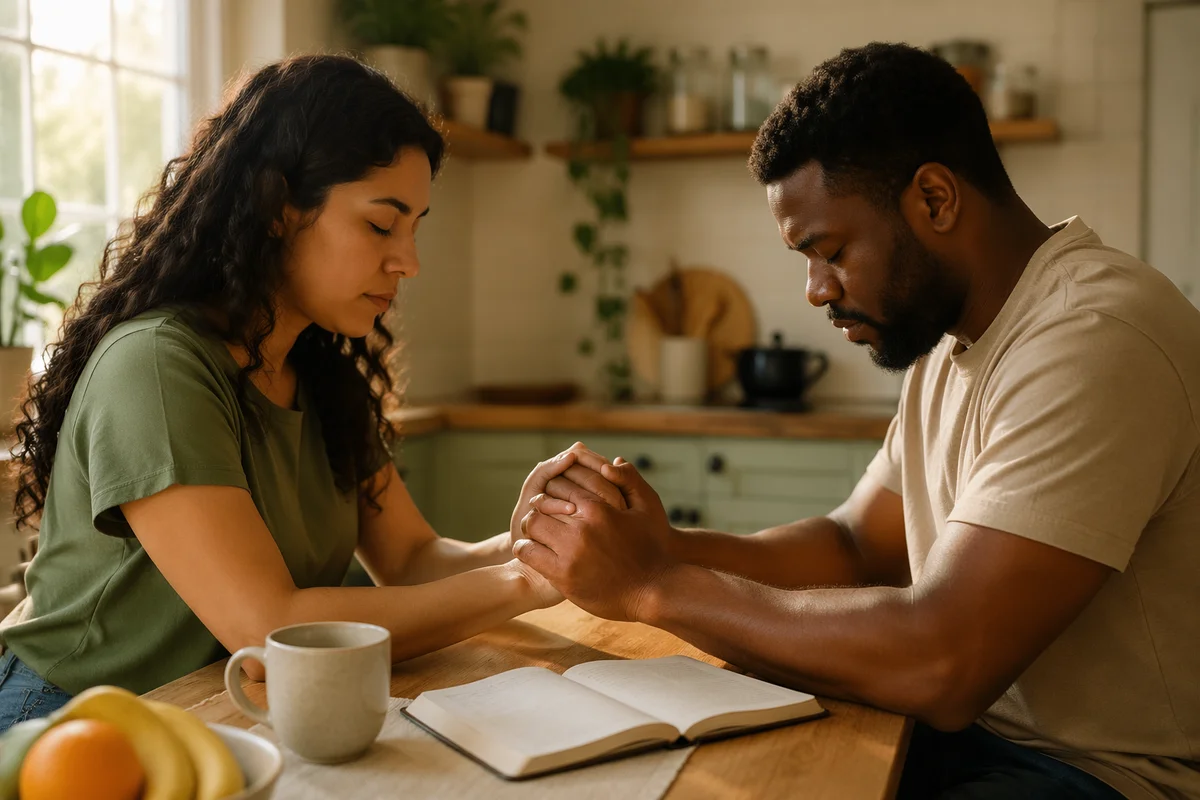 Young Couple Praying at Kitchen Table