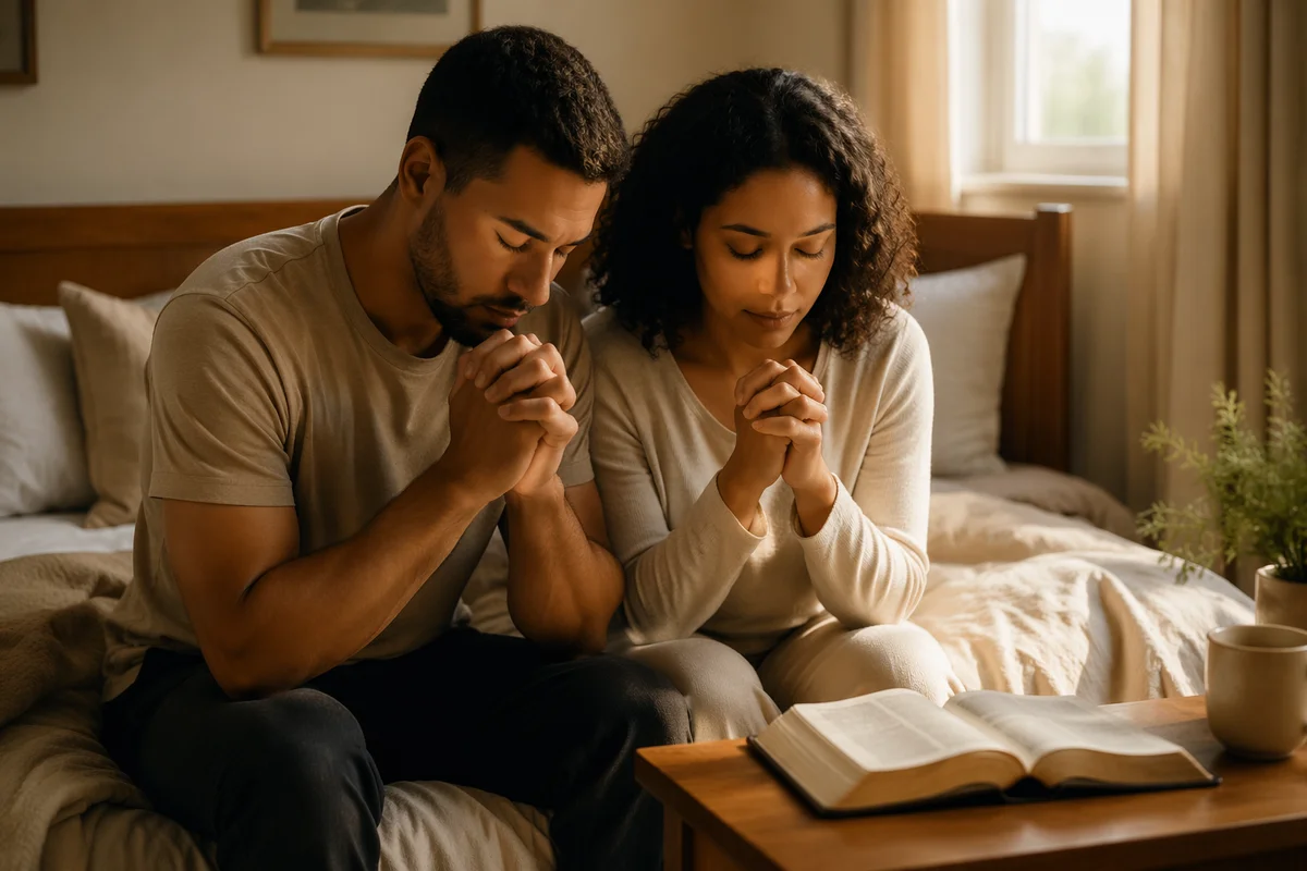 Young Couple Praying in Sunlit Bedroom