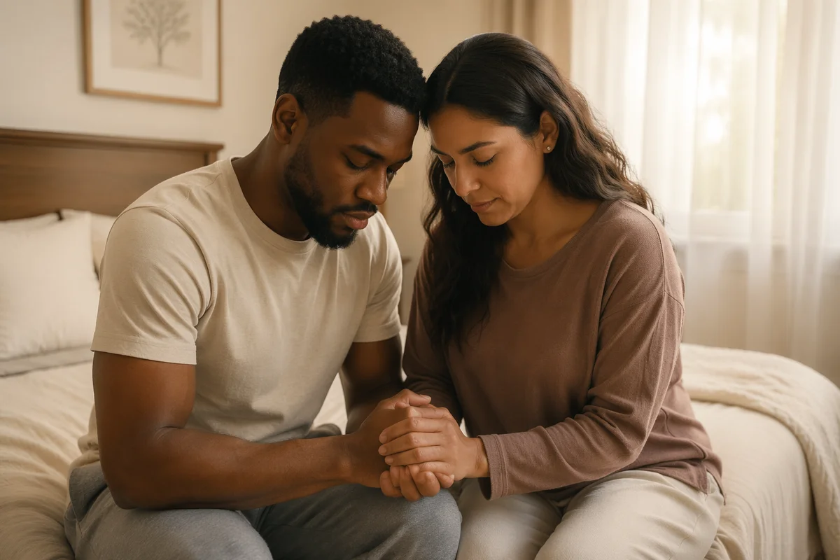Interracial Couple Praying on Bedside Morning