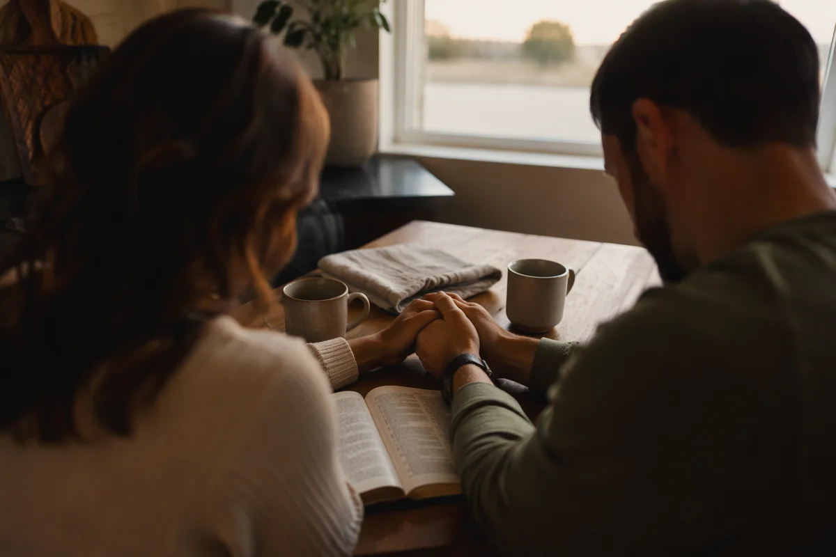 Couple Praying at Kitchen Table Before Sunrise