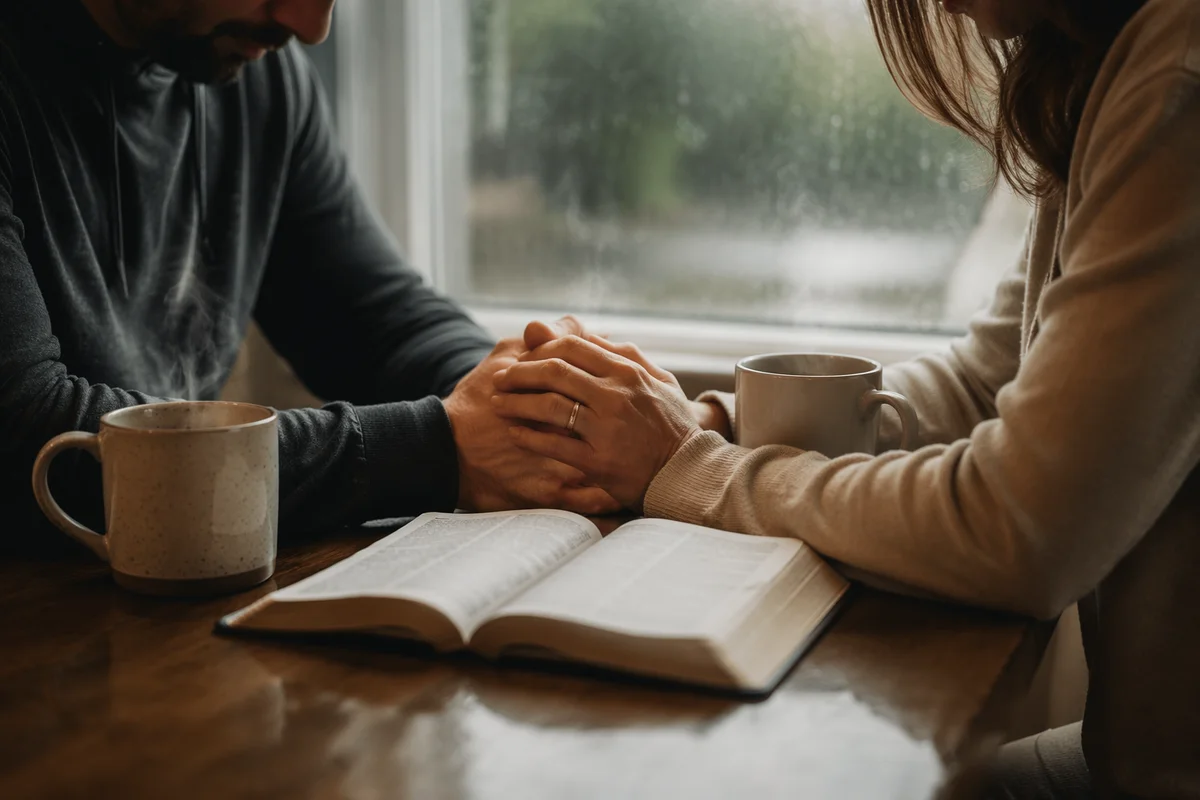 Couple Praying Together on Rainy Morning