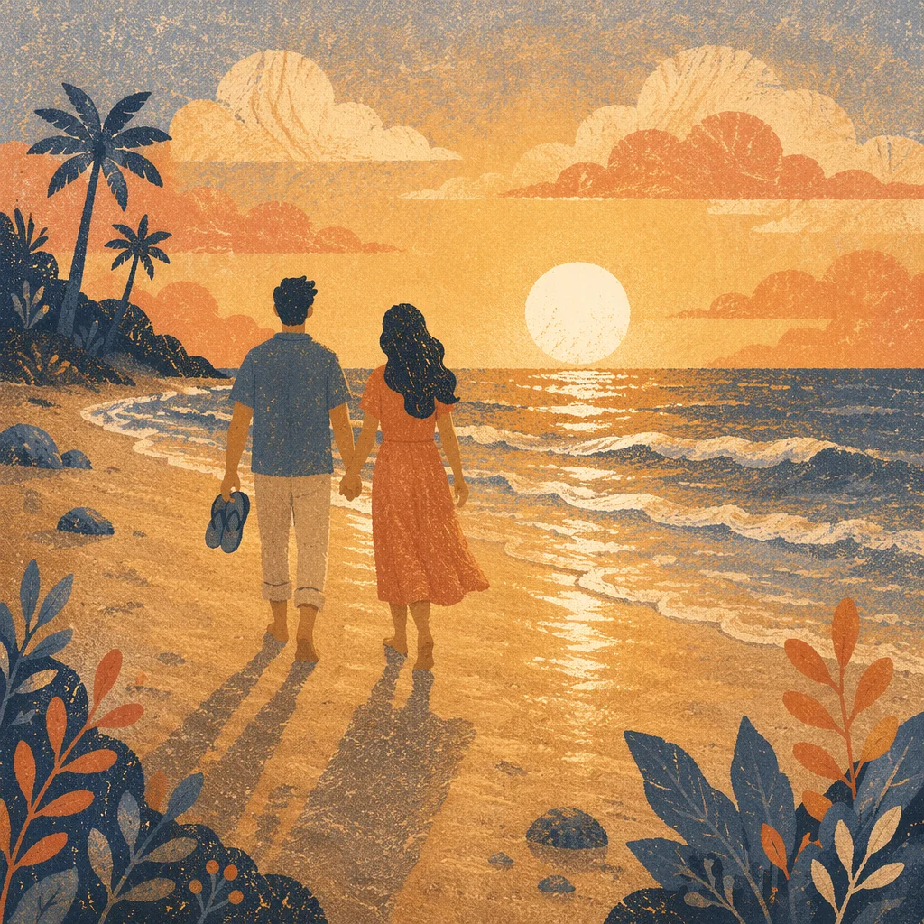 Sunset Beach Couple Holding Hands Silhouette