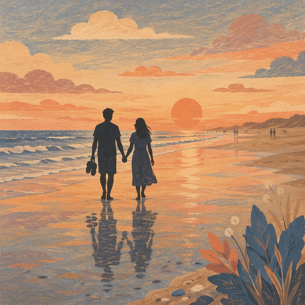 Romantic Couple Walking Beach at Sunset